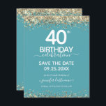 40th Birthday日付を保存する予算招待状<br><div class="desc">上エレガントと下に紙吹雪のハイライトが輝くフェイク金ゴールド縁どグリッター。すべての文字は調整可能で、簡単は独自のパーティーニーズに合わせて変更できる。40素晴らし歳の誕生日テンプレートデザイン。</div>
