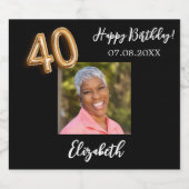 40th Birthday黒い金ゴールド写真 スパークリングワインラベル (シングルラベル)