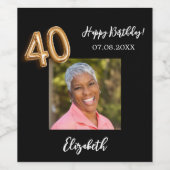 40th Birthday黒い金ゴールド写真 ワインラベル (シングルラベル)