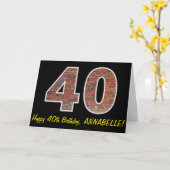 40th Birthday – レンガの壁パターン"40"、名前 カード (黄色い花)