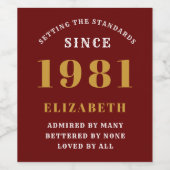 40th Birthday 1981レッドゴールドの女性のパーソナライズ ワインラベル (シングルラベル)