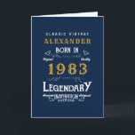 40th Birthday 1983ヴィンテージブルーレジェンドグリーティング カード<br><div class="desc">クラシックパーソナライズされた誕生日グリーティングカード。ヴィンテージカードのレトロスタイルブルー、ホワイト、金ゴールドデザインに名前をカスタム追加。名前と年を提供されたテンプレートで簡単に編集。素晴らしいカスタム贈り物。そのパーティーお祝いのためのより多くのギフトとパーティー供給は、ストアの"伝説的な"デザインで利用可能。</div>