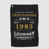 40th Birthday 1983名前を追加レジェンダリーブラック金ゴールド ゴルフタオル (正面)