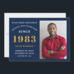 40th Birthday 1983名前フォトブルー金ゴールド 招待状<br><div class="desc">彼らの祝誕生日のために、私たちは写真を追加する機会と理想的な誕生日パーティーの招待を持っている。白と金ゴールドタイポグラフィデザインデザインの青い背景はシンプルまだエレガントある。提供さカスタマイズれたテンプレートを使って、この誕生日プレゼントの文字を簡単に行う。ストア内で検索して、より多くのお祝いアイディア、パーティー供給、および贈り物</div>