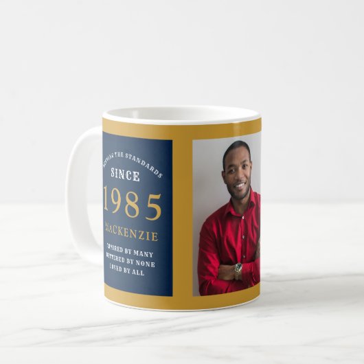 40th Birthday 1983青い金ゴールド追加の名前フォト コーヒーマグカップ (正面左)