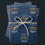 40th Birthday 1983青い金ゴールド追加の名前 ラッピングペーパーシート<br><div class="desc">特別パーソナライズされたな人のためのその誕生祝いの包装紙デザイン。このヴィンテージレトロスタイルブルーと金ゴールドデザインに誕生日プレゼントの名前をカスタム追加する。名前と年を提供されたテンプレートで簡単に編集。素晴らしいカスタム誕生日プレゼント。その店で利用可能なパーティーお祝いのための他のギフトとパーティー供給。</div>