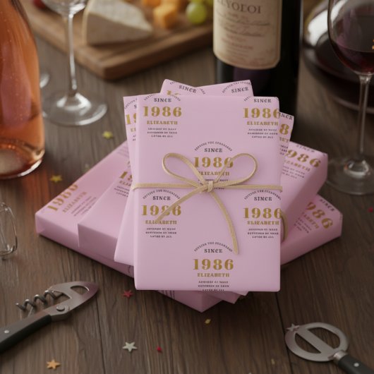 40th Birthday 1985名前を追加ピンクグレー ラッピングペーパーシート