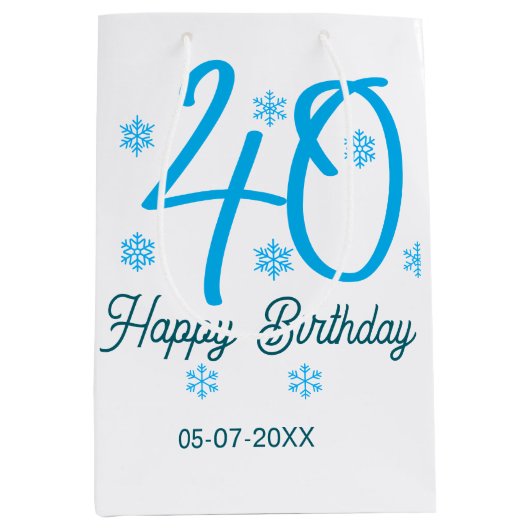 40th birthday add name date year blue template ミディアムペーパーバッグ (正面)