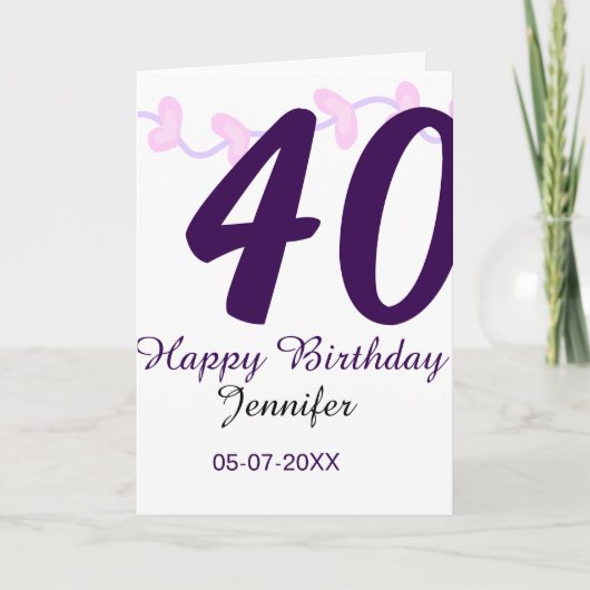 40th birthday add name date year purple floral pin カード (正面)