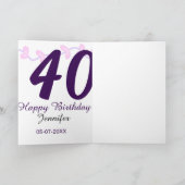 40th birthday add name date year purple floral pin カード (内部)
