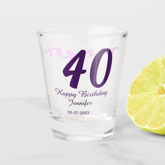 40th birthday add name date year purple floral pin ショットグラス (正面)