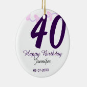 40th birthday add name date year purple floral pin セラミックオーナメント (右)
