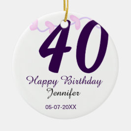 40th birthday add name date year purple floral pin セラミックオーナメント