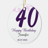 40th birthday add name date year purple floral pin セラミックオーナメント (左)