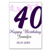 40th birthday add name date year purple floral pin テーブルナンバー (裏面)