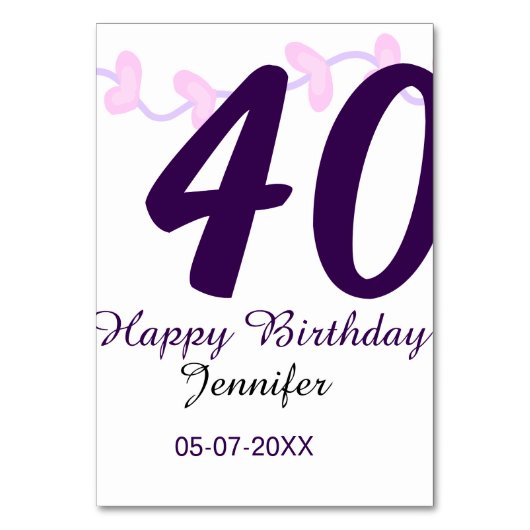 40th birthday add name date year purple floral pin テーブルナンバー (正面)