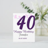 40th birthday add name date year purple floral pin ポストカード (スタンド正面)