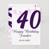 40th birthday add name date year purple floral pin ポストカード (正面/裏面)