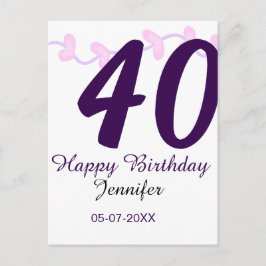 40th birthday add name date year purple floral pin ポストカード