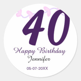 40th birthday add name date year purple floral pin ラウンドシール