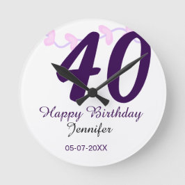 40th birthday add name date year purple floral pin ラウンド壁時計