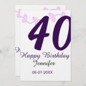 40th birthday add name date year purple floral pin 招待状 (正面/裏面)
