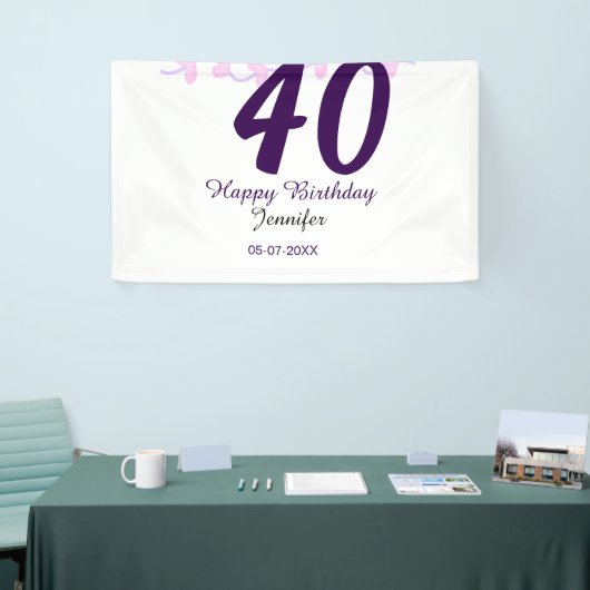 40th birthday add name date year purple floral pin 横断幕 (トレードショー)