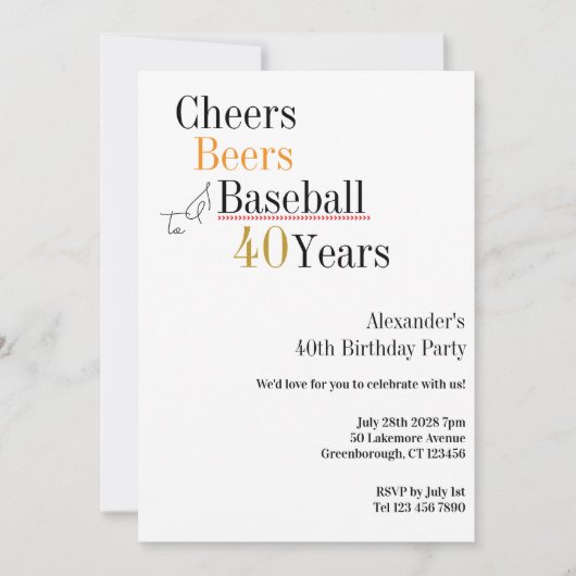 40th Birthday Baseball Cheers Beers 40 Years Party 招待状 (正面)