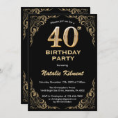 40th Birthday Black and金ゴールドグリッター枠 招待状 (正面/裏面)
