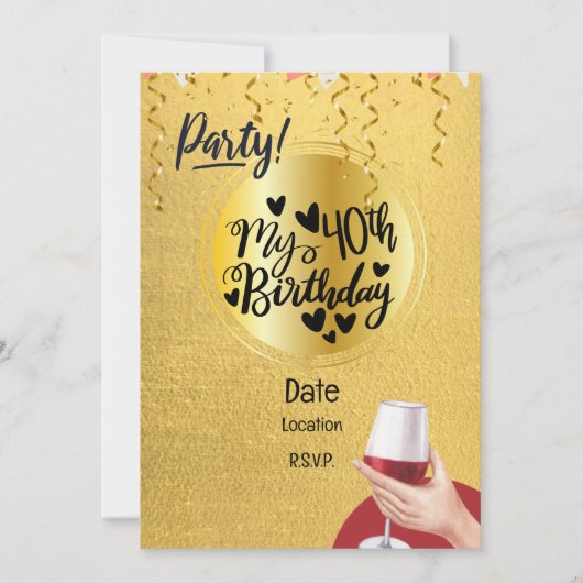 40th Birthday Black and金ゴールドテーマ 招待状 (正面)