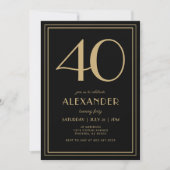 40th Birthday Black and Gold Modern Minimal Adult 招待状 (正面)