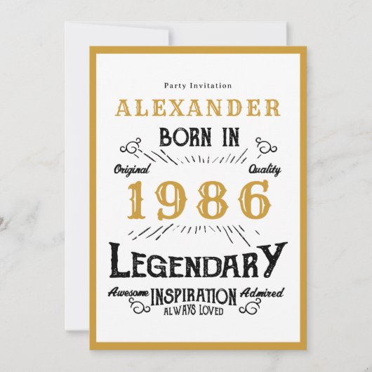 40th Birthday Born 1986 White Gold Legend 招待状 (正面)
