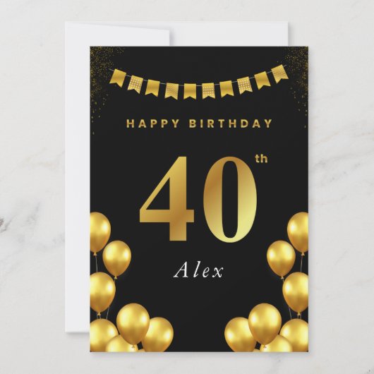 40th Birthday Card Black and Gold Balloons カード (正面)