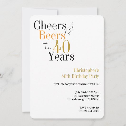 40th Birthday Cheers and Beers Minimal Party 招待状 (正面)