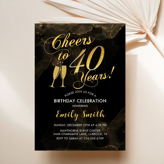 40th Birthday - Cheers To 40 Years Gold Black 招待状