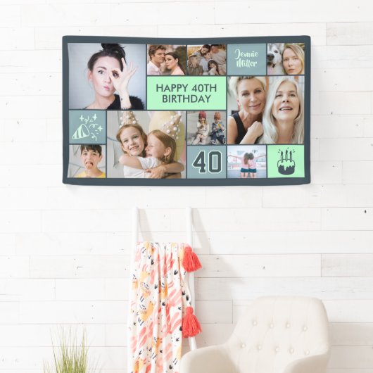 40th Birthday Custom Photo Collage Dusty Green 横断幕 (インサイチュ)