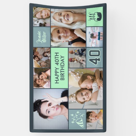 40th Birthday Custom Photo Collage Dusty Green 横断幕 (縦)