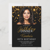 40th Birthday Dinner Gold and Black Photo 招待状 (正面)