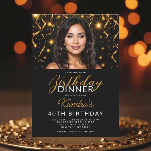 40th Birthday Dinner Gold and Black Photo 招待状