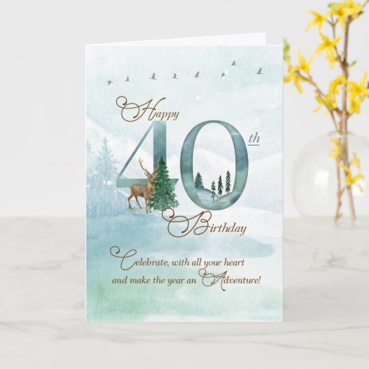 40th Birthday Evergreen Pines and Deer Nature カード (黄色い花)