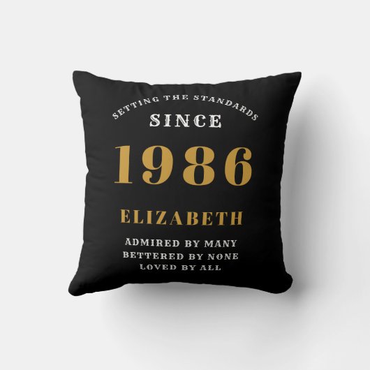 40th Birthday Gift Personalized 1986 Black Gold クッション (裏面)