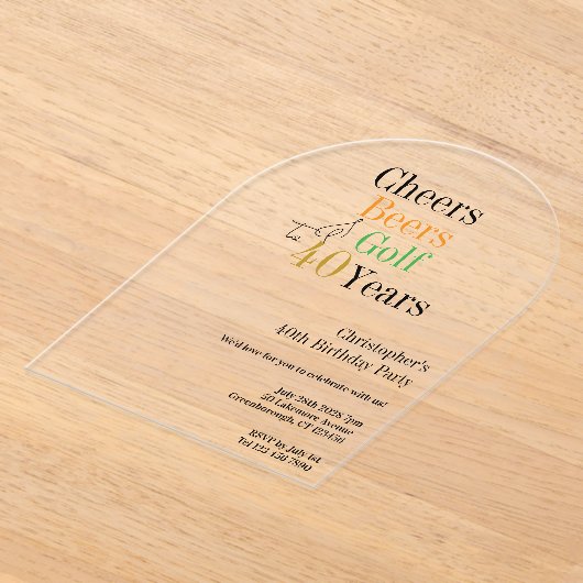 40th Birthday Golf Cheers Beers Party アクリル招待状 (レイダウン)