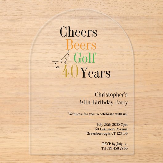 40th Birthday Golf Cheers Beers Party アクリル招待状 (正面)