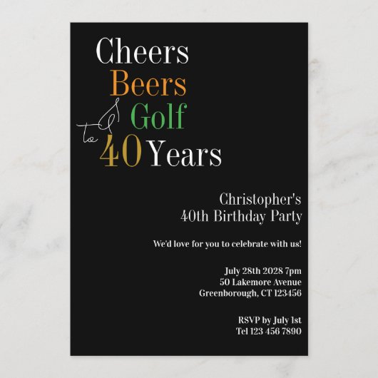 40th Birthday Golf Cheers Beers Party 招待状 (正面)
