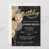 40th Birthday Invitation Black Gold Balloons 招待状 (正面)