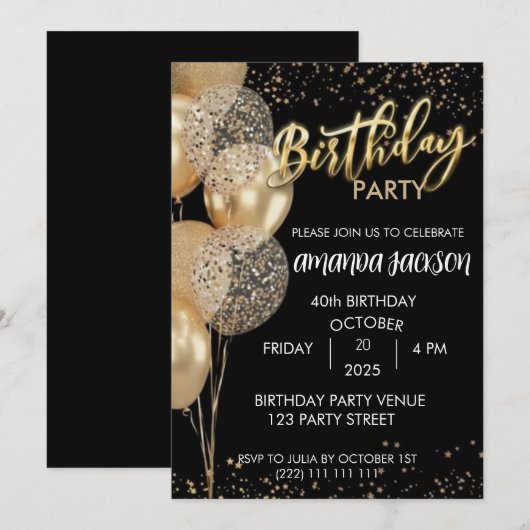 40th Birthday Invitation Black Gold Balloons 招待状 (正面/裏面)