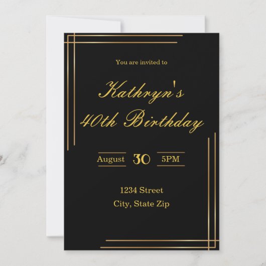 40th Birthday Invitation – Black & Gold | Elegant 招待状 (正面)
