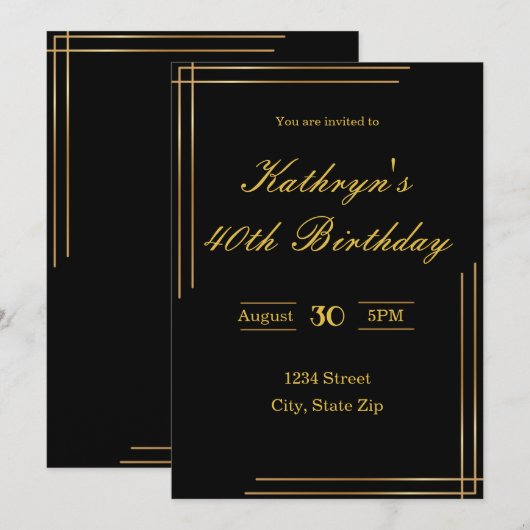 40th Birthday Invitation – Black & Gold | Elegant 招待状 (正面/裏面)