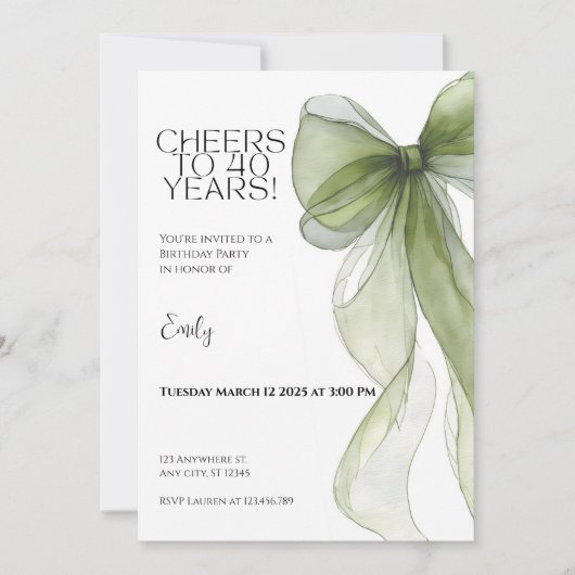 40th Birthday Invitation • Green Bow Milestone カード (正面)