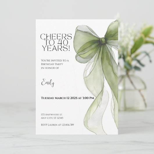 40th Birthday Invitation • Green Bow Milestone カード (スタンド正面)